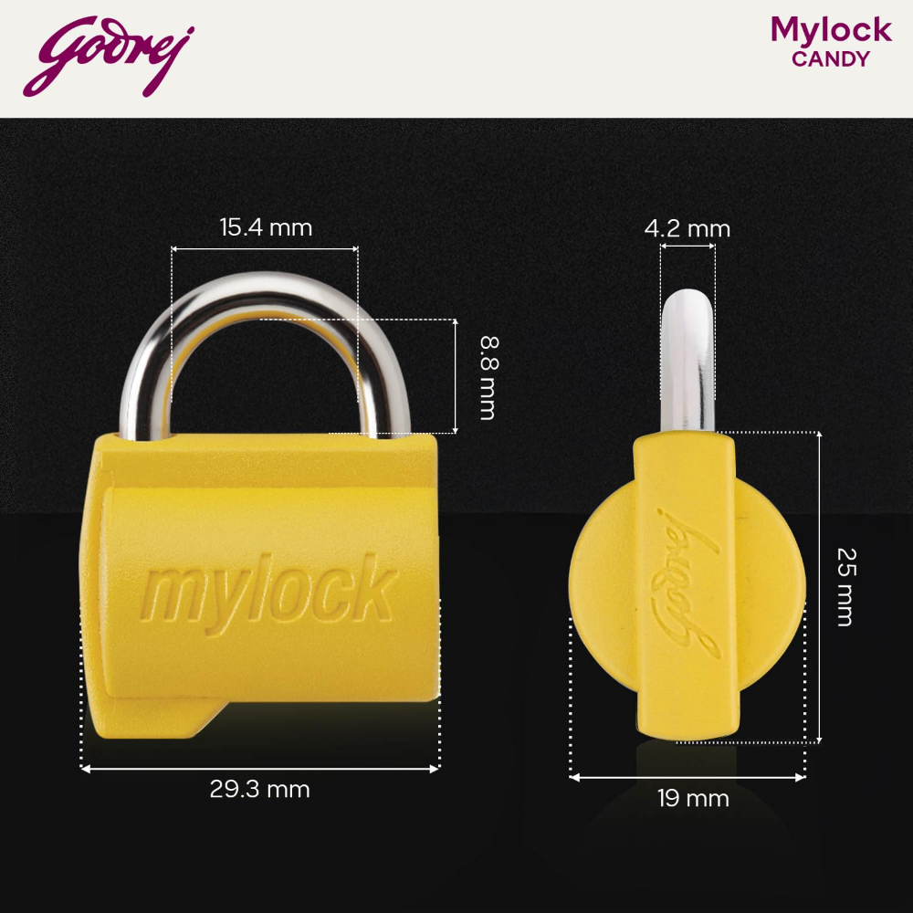 Godrej MyLock Candy Turmeric Yellow Pack of 4 | Common Keys | Self-Locking Padlock | Rust Resistant | ABS Body | Travel Lock | CPU & Bag Lock | Tamper-Proof | 1 Year Warranty